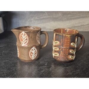 MCM Set of 2 Vintage Japanese Pottery Creamer Pitcher Mug Cup Plants Leaves